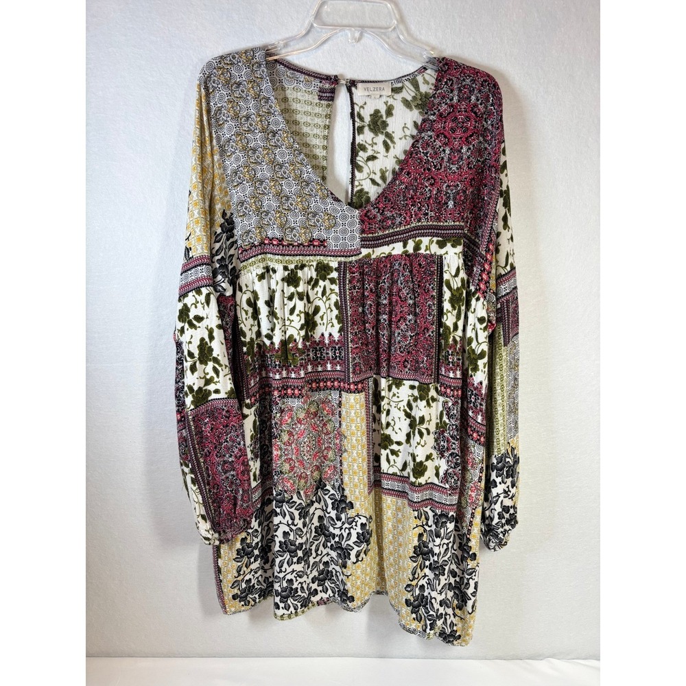 Velzera Patchwork Floral Babydoll Tunic Top Women Large Boho V-Neck Keyhole Back